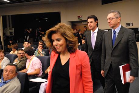 14/09/2012. Consejo de Ministros: Sáenz de Santamaría, Ruiz-Gallardón y Soria. La vicepresidenta, ministra de la Presidencia y Portavoz, Sor...