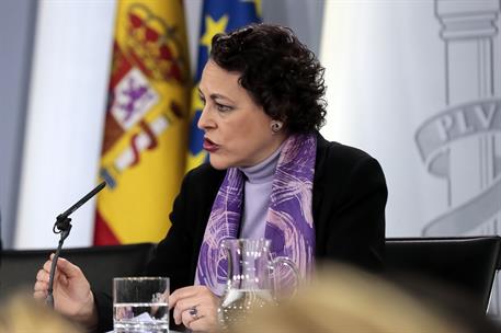 8/03/2019. Consejo de Ministros. La ministra de Trabajo, Migraciones y Seguridad Social, Magdalena Valerio, durante la conferencia de prensa...