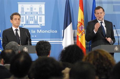 16/01/2012. El presidente del Gobierno recibe al presidente de Francia. El presidente del Gobierno, Mariano Rajoy, y el presidente de la Rep...