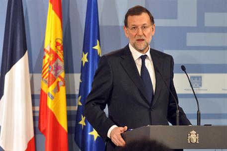 16/01/2012. El presidente del Gobierno recibe al presidente de Francia. El presidente del Gobierno, Mariano Rajoy, durante la rueda de prensa.