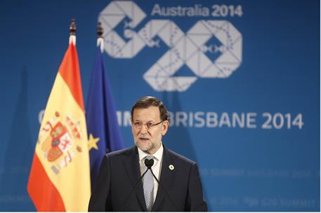 16/11/2014. Conferencia de prensa de Mariano Rajoy tras la Cumbre del G-20. El presidente del Gobierno, Mariano Rajoy, comparece en conferen...