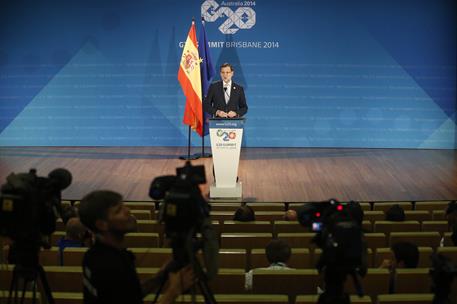 16/11/2014. Conferencia de prensa de Mariano Rajoy tras la Cumbre del G-20. El presidente del Gobierno, Mariano Rajoy, durante su comparecen...