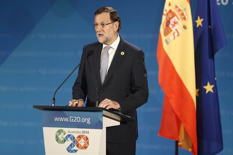 16/11/2014. Conferencia de prensa de Mariano Rajoy tras la Cumbre del G-20. El presidente del Gobieno, Mariano Rajoy, durante la conferencia...