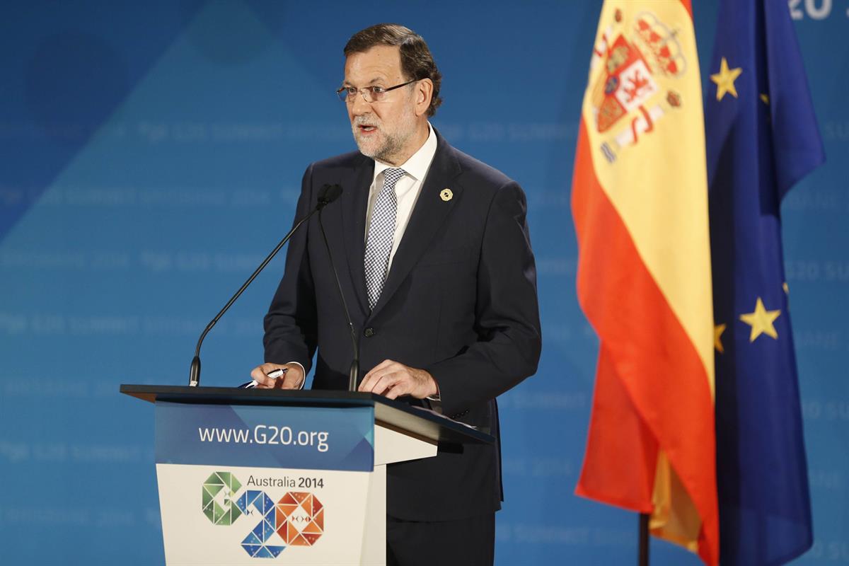 16/11/2014. Conferencia de prensa de Mariano Rajoy tras la Cumbre del G-20. El presidente del Gobieno, Mariano Rajoy, durante la conferencia...