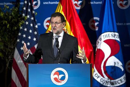 14/01/2014. Rajoy viaja a Estados Unidos en visita oficial. El presidente del Gobierno, Mariano Rajoy, durante su intervención ante empresar...