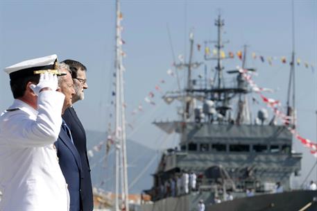 16/07/2014. Rajoy preside la jura de bandera en la Escuela Naval Militar de Marín. El presidente del Gobierno, Mariano Rajoy, durante el act...
