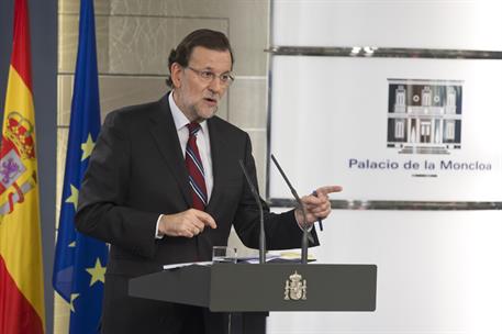 4/09/2015. Mariano Rajoy recibe a David Cameron. Rajoy durante un momento de la rueda de prensa en el Palacio de la Moncloa