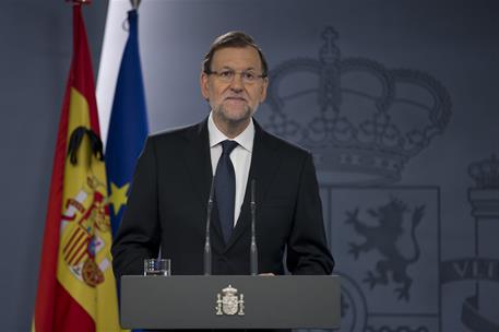 14/11/2015. Comparecencia de Rajoy tras los atentados de París. El presidente del Gobierno, Mariano Rajoy, en un momento de su comparecencia...