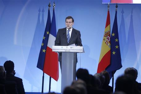 20/02/2015. Rajoy y Valls inauguran la interconexión de alta tensión Francia-España. El presidente del Gobierno, Mariano Rajoy, interviene d...