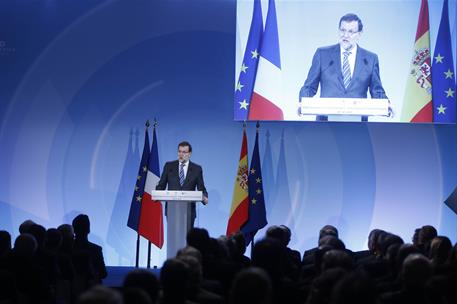 20/02/2015. Rajoy y Valls inauguran la interconexión de alta tensión Francia-España. El presidente del Gobierno, Mariano Rajoy, interviene d...