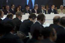 El presidente del Gobierno, Mariano Rajoy, durante su intervención en la cumbre del Comité contra el Terrorismo del Consejo de Seguridad de la ONU que se celebra en el Palacio de El Pardo, en Madrid.
