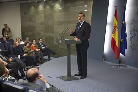 2/02/2016. Comparecencia de Mariano Rajoy tras reunirse con el Rey. El presidente del Gobierno en funciones, Mariano Rajoy, ha comparecido e...