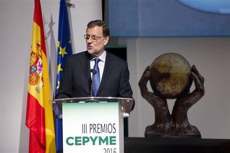 29/11/2016. Rajoy entrega los Premios CEPYME 2016. El presidente del Gobierno, Mariano Rajoy, durante su intervención en la entrega de los P...