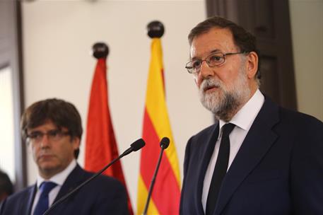 18/08/2017. Rajoy y Puigdemont presiden la reunión del Gabinete de Crisis. El presidente del Gobierno, Mariano Rajoy, durante su comparecenc...