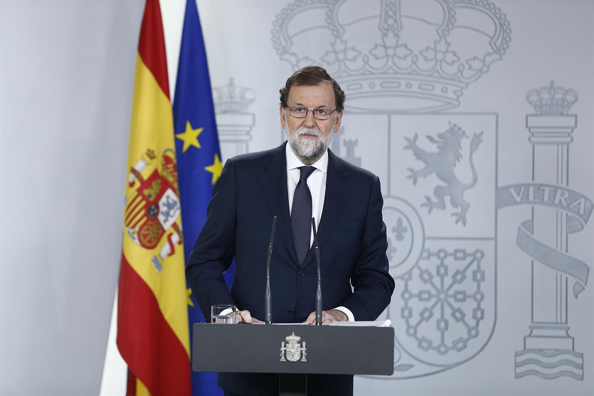 20/09/2017. Pool Moncloa / Diego Crespo. El presidente del Gobierno, Mariano Rajoy, durante su comparecencia en la Moncloa a propósito de la...