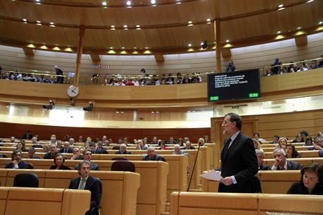 21/02/2017. Sesión de control en el Senado. El presidente del Gobierno, Mariano Rajoy, durante su intervención en la sesión de control en el Senado.