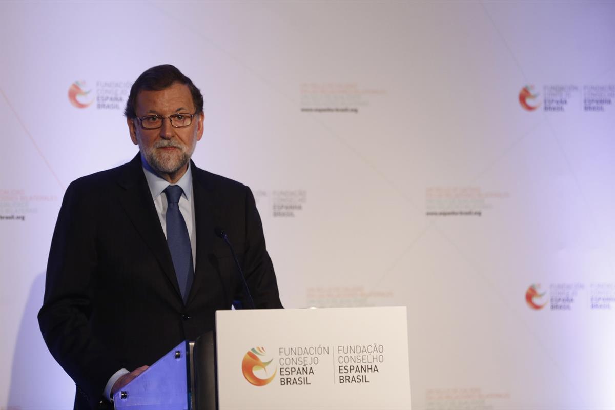 24/04/2017. Viaje oficial de Rajoy a Brasil (Sao Paulo). El presidente del Gobierno, Mariano Rajoy, interviene durante la cena de clausura d...
