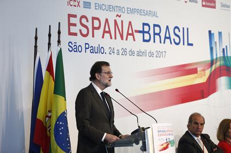 25/04/2017. Viaje oficial de Rajoy a Brasil (Sao Paulo). El presidente del Gobierno, Mariano Rajoy, durante su intervención en la inauguraci...