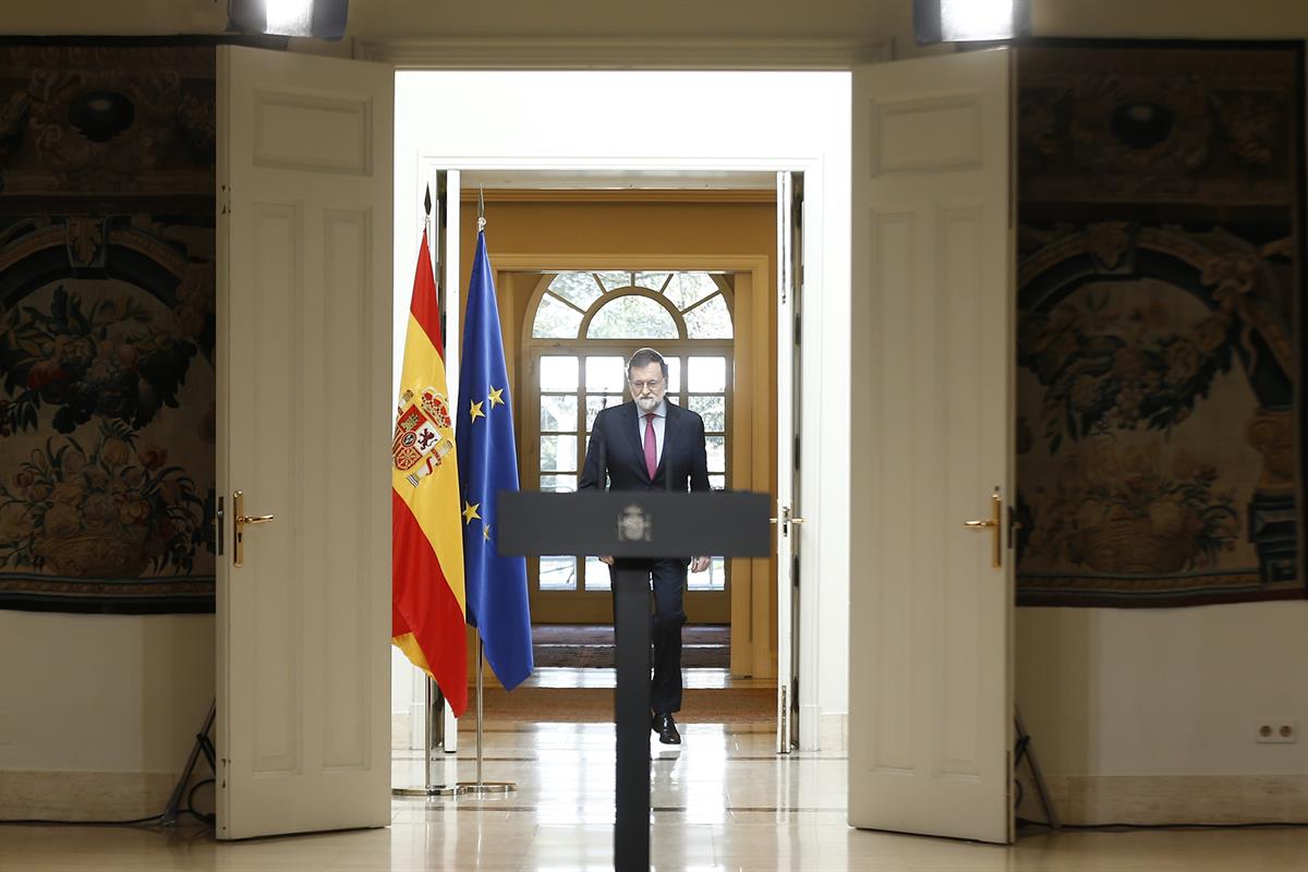 29/12/2017. El presidente del Gobierno hace balance de 2017. El presidente del Gobierno, Mariano Rajoy, al inicio de la rueda de prensa en L...