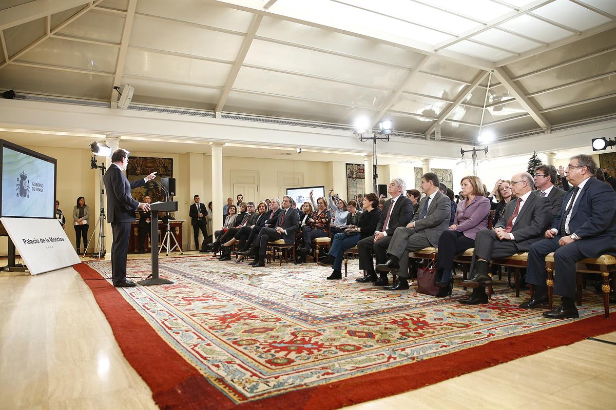 29/12/2017. El presidente del Gobierno hace balance de 2017. El presidente del Gobierno, Mariano Rajoy, durante la rueda de prensa en La Mon...