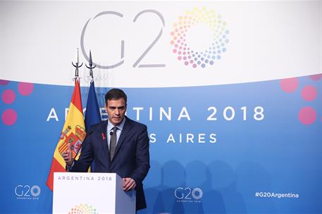 1/12/2018. Cumbre del G20. Rueda de prensa de Sánchez. El presidente del Gobierno, Pedro Sánchez, durante la rueda de prensa celebrada tras ...