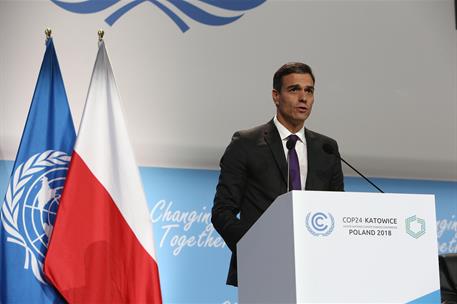 3/12/2018. Pedro Sánchez participa en la Cumbre del Clima COP24. El presidente del Gobierno, Pedro Sánchez, durante su intervención en la Cu...