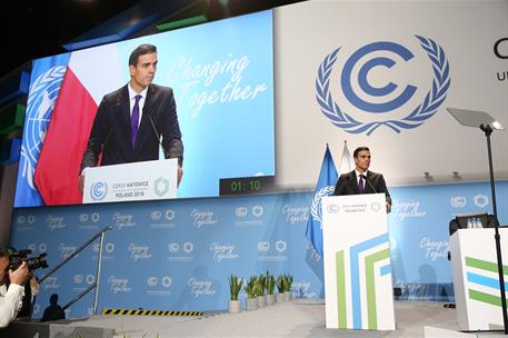 3/12/2018. Pedro Sánchez participa en la Cumbre del Clima COP24. El presidente del Gobierno, Pedro Sánchez, durante su intervención en la Cu...