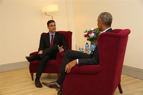 6/07/2018. Encuentro de Pedro Sánchez con Barack Obama. El presidente del Gobierno, Pedro Sánchez, y el expresidente de los EEEUU, Barack Ob...