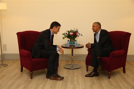 6/07/2018. Encuentro de Pedro Sánchez con Barack Obama. El presidente del Gobierno, Pedro Sánchez, y el expresidente de los EEEUU, Barack Ob...