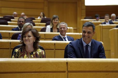 11/09/2018. Sánchez asiste a la sesión de control al Gobierno en el Senado. El presidente del Gobierno, Pedro Sánchez, junto a la vicepresid...