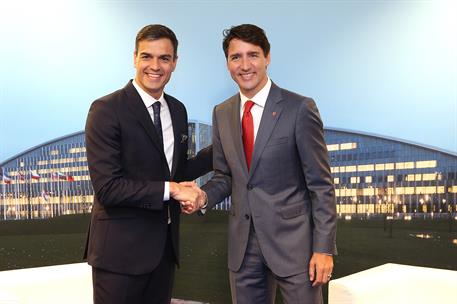 12/07/2018. Sánchez asiste a la Cumbre de la OTAN. El presidente del Gobierno, Pedro Sánchez, junto al primer ministro de Canadá, Justin Tru...