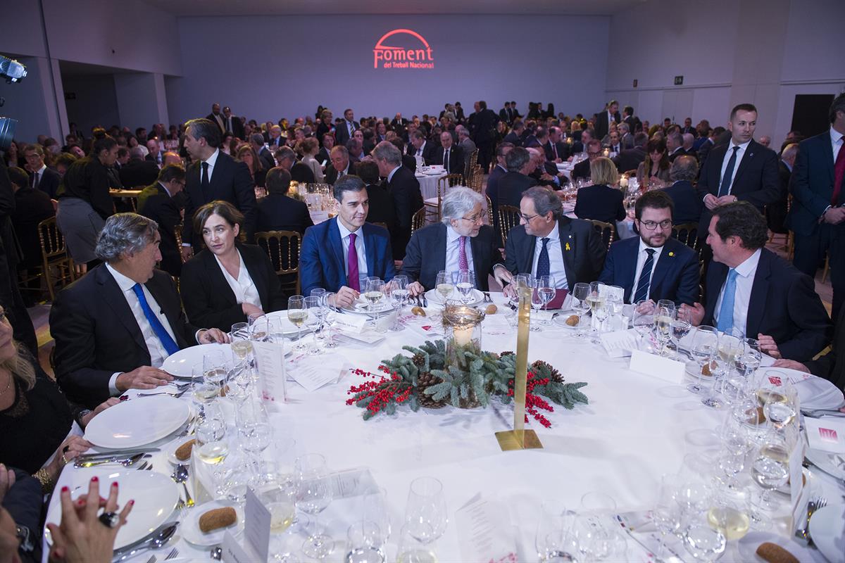 20/12/2018. Entrega de Premios Carlos Ferrer Salat, de Foment del Treball. El presidente del Gobierno, Pedro Sánchez, durante la cena de ent...