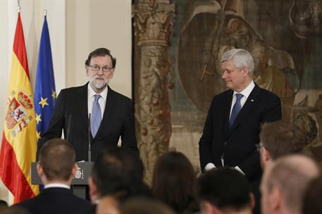 21/02/2018. Rajoy recibe a representantes de la International Democrat Union (IDU). El presidente del Gobierno, Mariano Rajoy, durante su in...
