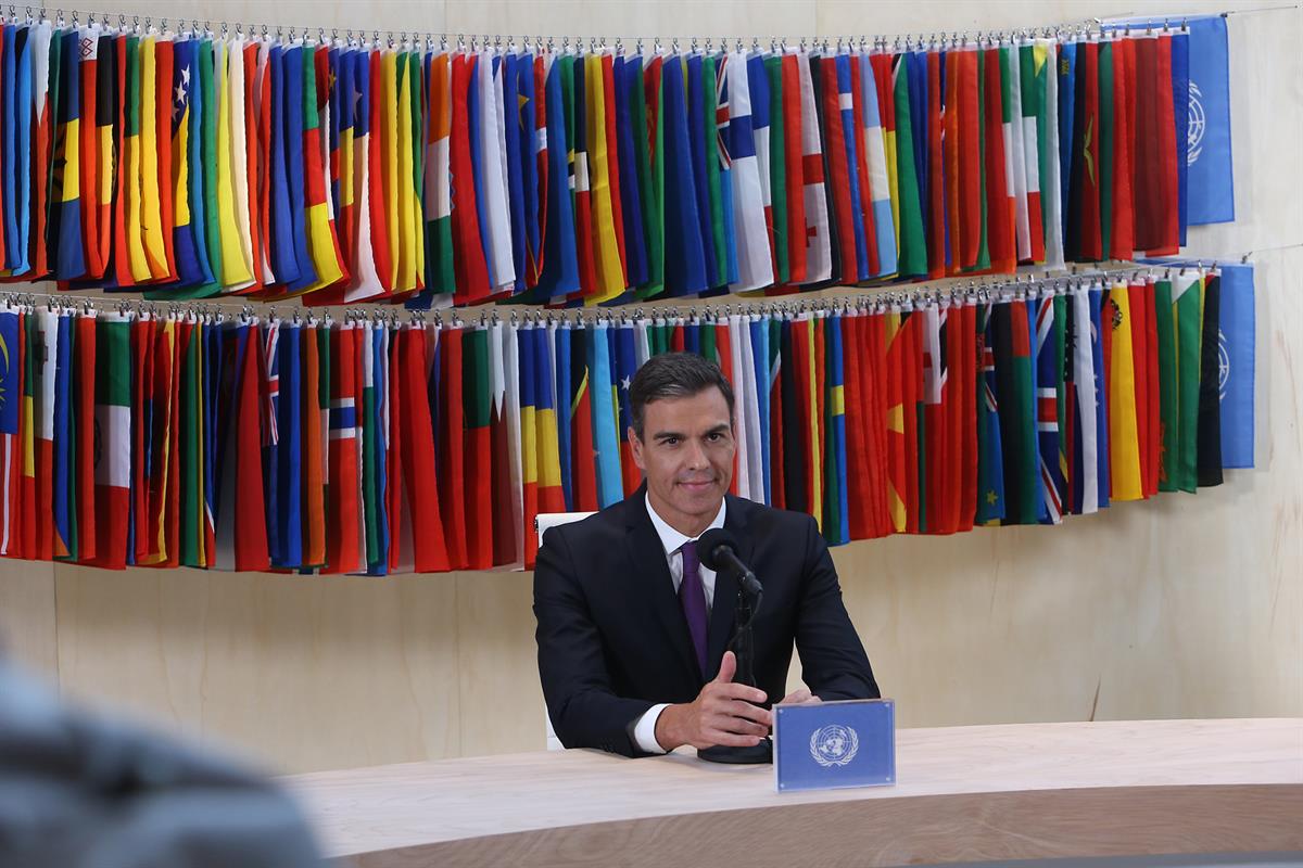 24/09/2018. El presidente Sánchez en Naciones Unidas. El presidente del Gobierno, Pedro Sánchez, en la sede de Naciones Unidas en Nueva York.