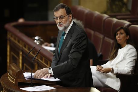 31/05/2018. Rajoy asiste al debate de la moción de censura al Gobierno. El presidente del Gobierno, Mariano Rajoy, durante su intervención e...
