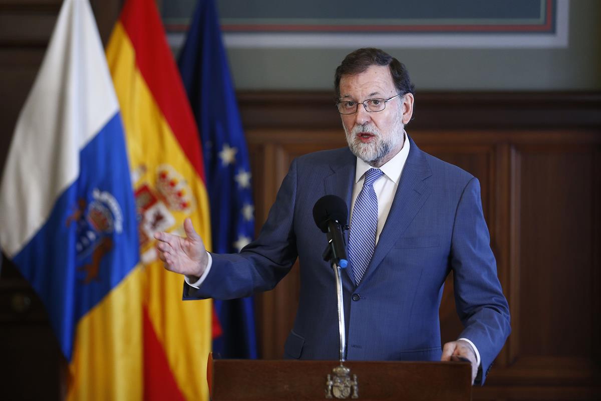19/05/2018. Viaje de Rajoy a Canarias. El presidente del Gobierno, Mariano Rajoy, durante su intervención tras la firma del acuerdo con el p...
