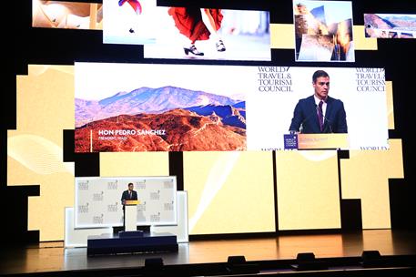 3/04/2019. Sánchez inaugura la Cumbre Mundial del Turismo. El presidente del Gobierno, Pedro Sánchez, durante su intervención en el acto de ...