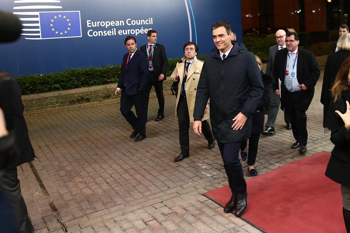 11/04/2019. El presidente asiste al Consejo Europeo Extraordinario sobre el Brexit. El presidente del Gobierno, Pedro Sánchez, tras finaliza...