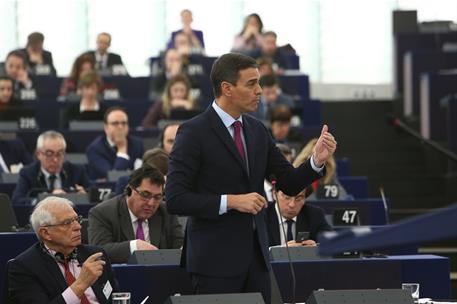 16/01/2019. Pedro Sánchez interviene ante el Pleno del Parlamento Europeo. El presidente del Gobierno, Pedro Sánchez, durante su réplica a l...