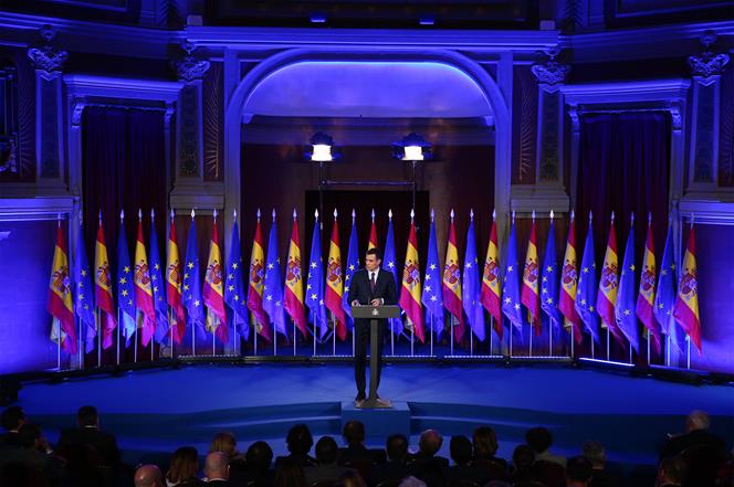 19/03/2019. Sánchez pronuncia la conferencia Proteger el ideal de Europa.. El presidente del Gobierno, Pedro Sánchez, durante su intervenció...