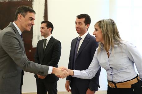 18/03/2024. Pedro Sánchez recibe a los representantes de la industria de defensa. El presidente del Gobierno, Pedro Sánchez, saluda a una re...