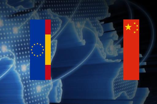 Collage de banderas de la UE, España y China