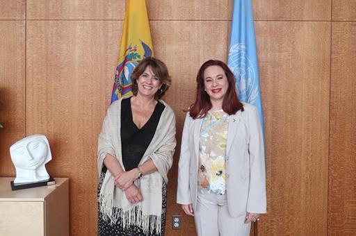 La ministra de Justicia en funciones, Dolores Delgado, junto a Mª Fernanda Espinosa, Presidenta de la Asamblea General de la ONU