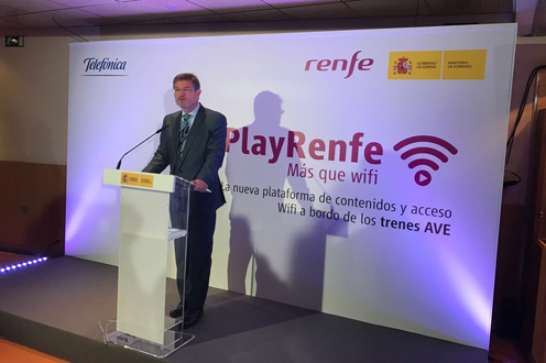 3/11/2016. Presentación Play Renfe. El ministro de Justicia en funciones, Rafael Catalá, presenta Play Renfe, la conexión wifi en los trenes AVE