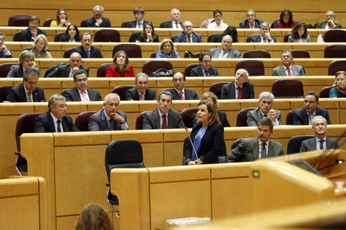 Soraya Sáenz de Santamaría durante su comparecencia en el Senado (Foto: Pool Moncloa)