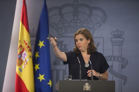 3/08/2015. Rueda de prensa de la vicepresidenta.. La vicepresidenta del Gobierno, Soraya Sáenz de Santamaría, durante la rueda de prensa ofr...