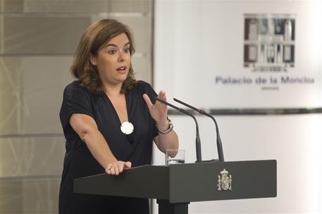 3/08/2015. Conferencia de prensa de la vicepresidenta. La vicepresidenta del Gobierno, Soraya Sáenz de Santamaría, durante la rueda de prens...