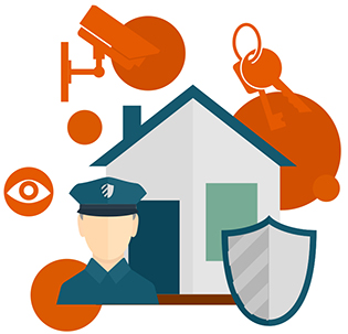 Composición con policía, cámara de segridad, casa, escudo y llavero