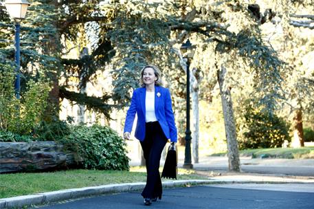 22/11/2023. Nadia Calviño. La vicepresidenta primera y ministra de Economía, Comercio y Empresa, Nadia Calviño, pasea por los jardines de La Moncloa.