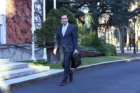 31/03/2026. Cuerpo jardines. El vicepresidente primero y ministro de Economía, Comercio y Empresa, Carlos Cuerpo, en los jardines de La Moncloa.